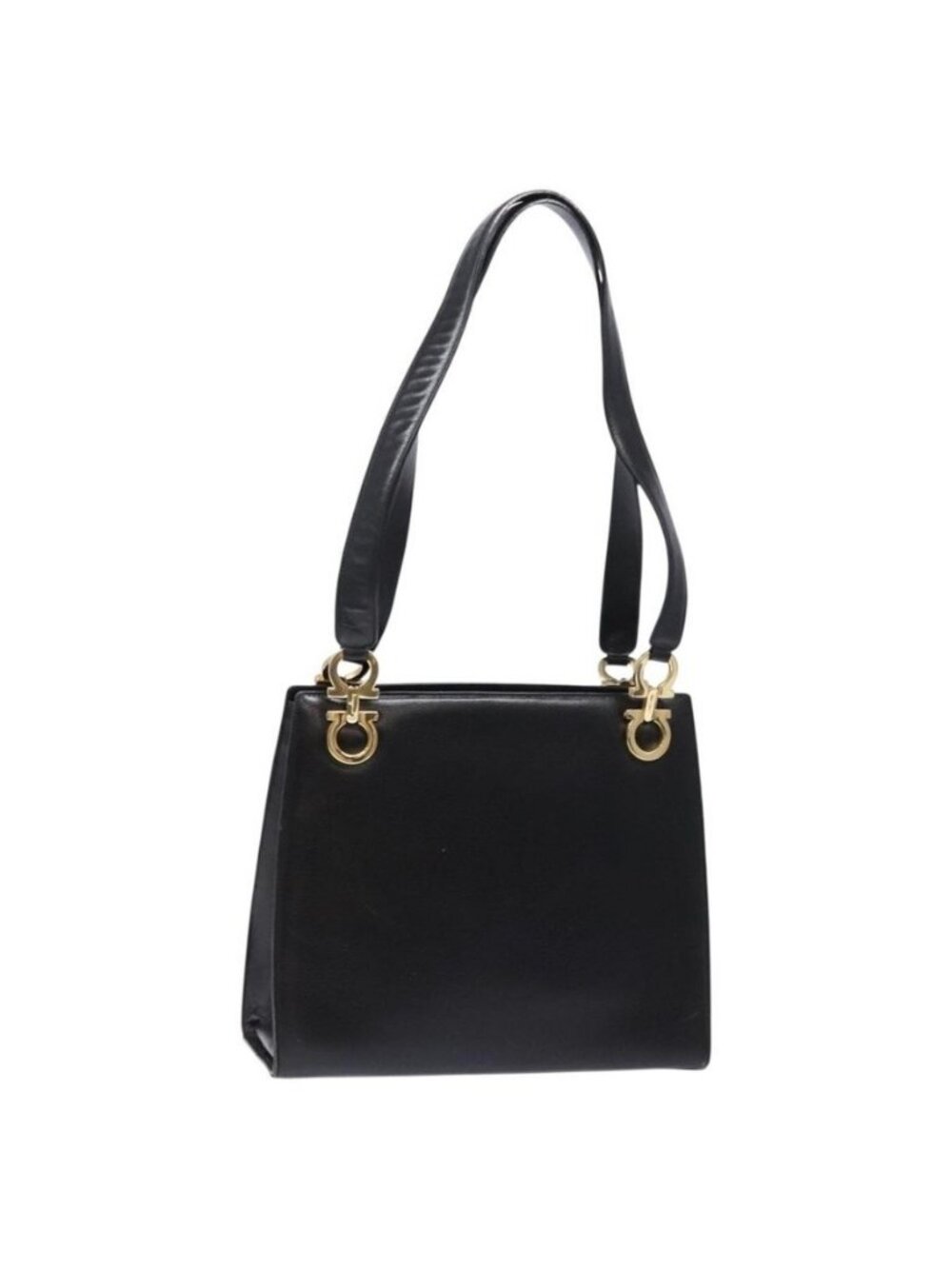 Authentic Salvatore Ferragamo Gancini Shoulder Bag Leather Black Gold - Picture 1 of 16